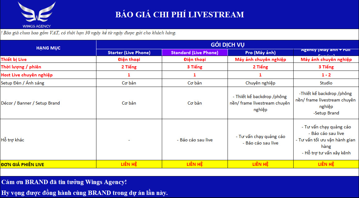 Bảng giá dịch vụ livestream bán hàng mới nhất
